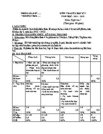 Đề kiểm tra giữa học kì 1 Ngữ văn Lớp 7 - Năm học 2021-2022 (Có hướng dẫn chấm)