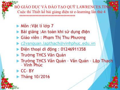 Bài giảng Vật lí Lớp 7 - An toàn khi sử dụng điện - Phạm Thị Thu Phương