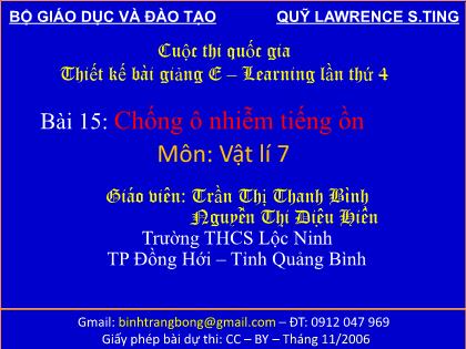 Bài giảng Vật lí Lớp 7 - Bài 15: Chống ô nhiễm tiếng ồn - Trần Thị Thanh Bình