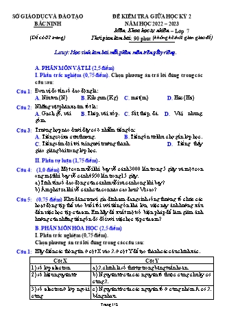 Đề kiểm tra giữa học kì 2 môn Khoa học tự nhiên 7 - Năm học 2022-2023 (Có đáp án)