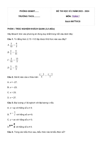 Đề thi học kì 2 môn Toán 7 Bộ Kết nối tri thức (Đề 1) - Năm học 2023-2024 (Có đáp án)