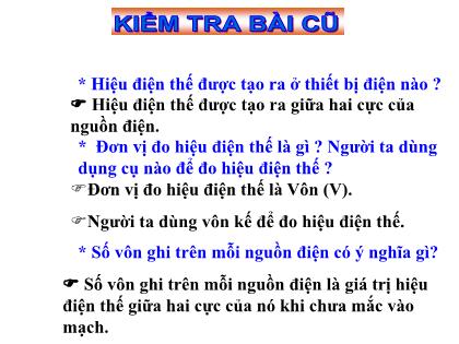 Bài giảng Vật lí 7 - Bài 26: Hiệu điện thế giữa hai đầu dụng cụ dùng điện
