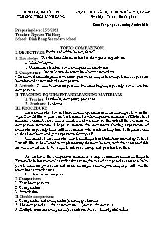 Giáo án Tiếng Anh 7 - Topic: Comparions - Trường THCS Đình Bảng
