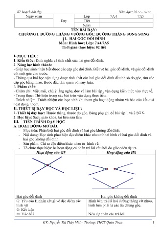 Bài giảng Toán 7 - Chương 1: Đường thẳng vuông góc, đường thẳng song song - Năm học 2021-2022 - Nguyễn Thị Thúy Mùi