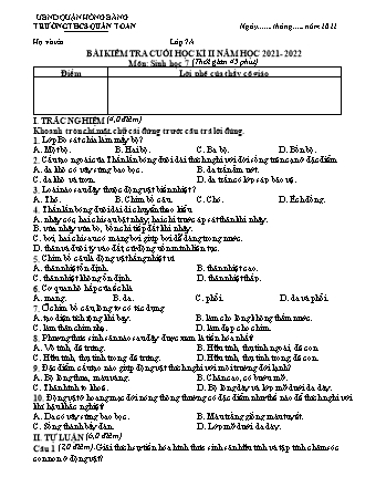 Đề kiểm tra cuối học kì 2 môn Sinh học 7 - Năm học 2021-2022 - Trường THCS Quán Toan (Có đáp án)