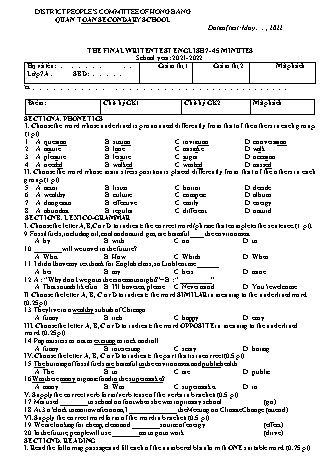 Đề kiểm tra cuối học kì 2 môn Tiếng Anh 7 - Năm học 2021-2022 - Trường THCS Quán Toan (Có đáp án)