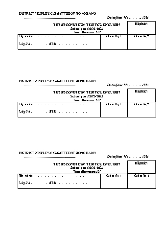 Đề kiểm tra cuối học kì 2 môn Tiếng Anh 7 - Năm học 2022-2023 - PGD&ĐT Hồng Bàng (Có đáp án + Ma trận)