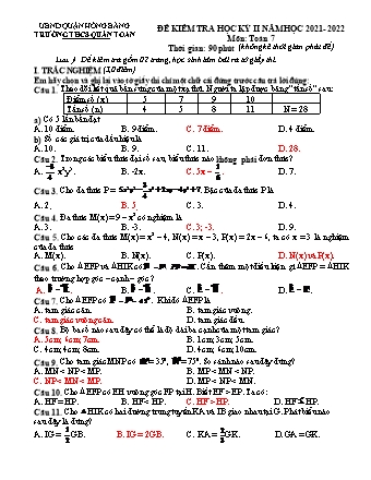 Đề kiểm tra cuối học kì 2 môn Toán 7 - Năm học 2021-2022 - Bùi Thị Thuận (Có đáp án)