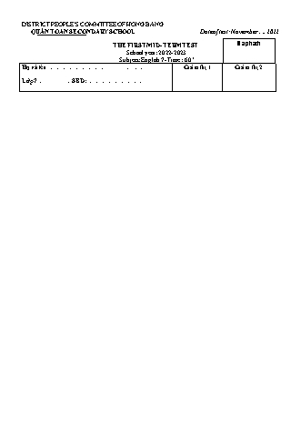 Đề kiểm tra giữa học kì 1 môn Tiếng Anh 7 - Năm học 2022-2023 - Hà Thị Ánh Thu (Có đáp án + File nghe)