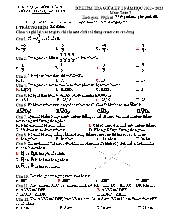 Đề kiểm tra giữa học kì 1 môn Toán 7 - Năm học 2022-2023 - Bùi Thị Hằng (Có đáp án)