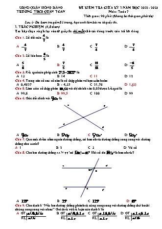 Đề kiểm tra giữa học kì 1 môn Toán 7 - Năm học 2022-2023 - Vũ Thị Quỳnh (Có đáp án)