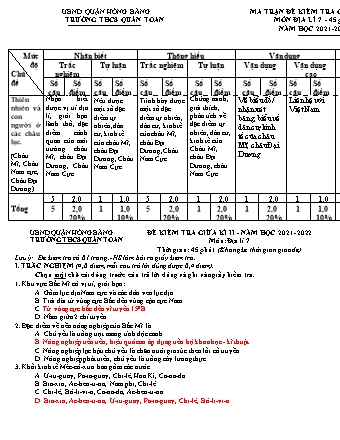 Đề kiểm tra giữa học kì 2 môn Địa lí 7 - Năm học 2021-2022 - Nguyễn Thị Huyền (Có đáp án + Ma trận)