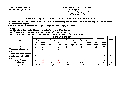 Đề kiểm tra giữa học kì 2 môn Khoa học tự nhiên 7 - Năm học 2022-2023 - Bùi Thị Thuận (Có đáp án + Ma trận)