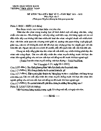Đề kiểm tra giữa học kì 2 môn Ngữ văn 7 - Năm học 2021-2022 - Trường THCS Quán Toan (Có đáp án + Ma trận)