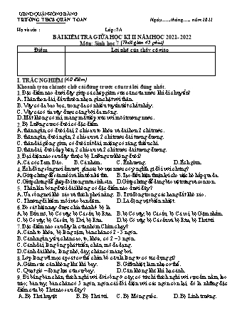 Đề kiểm tra giữa học kì 2 môn Sinh học 7 - Năm học 2021-2022 - Trần Thị Ánh Nguyệt (Có đáp án)