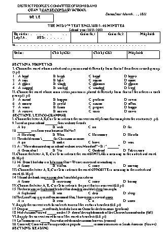 Đề kiểm tra giữa học kì 2 môn Tiếng Anh 7 - Năm học 2021-2022 - Nguyễn Thị Thanh Thúy (Có đáp án)