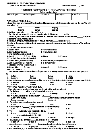 Đề kiểm tra giữa học kì 2 môn Tiếng Anh 7 - Năm học 2022-2023 - Nguyễn Thị Thanh Thúy (Có đáp án + File nghe))