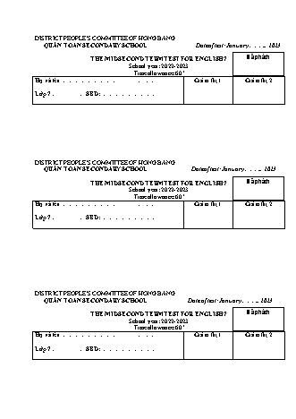 Đề kiểm tra giữa học kì 2 môn Tiếng Anh 7 - Năm học 2022-2023 - Lê Thị Hải Nam (Có đáp án + File nghe)
