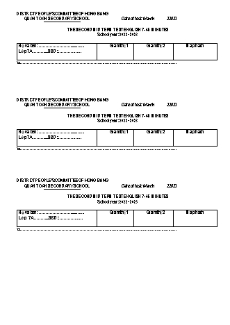 Đề kiểm tra giữa học kì 2 môn Tiếng Anh 7 - Năm học 2022-2023 - Nguyễn Thị Hằng (Có đáp án + File nghe)
