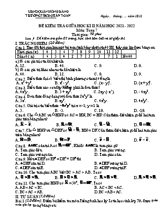 Đề kiểm tra giữa học kì 2 môn Toán 7 - Năm học 2021-2022 - Nguyễn Thị Thúy Mai (Có đáp án + Ma trận)
