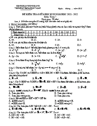 Đề kiểm tra giữa học kì 2 môn Toán 7 - Năm học 2021-2022 - Nguyễn Thị Minh Hồng (Có đáp án)