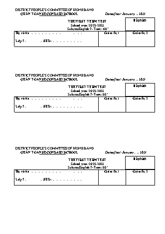 Đề kiểm tra học kì 1 môn Tiếng Anh 7 - Năm học 2022-2023 - Nguyễn Thị Hằng (Có đáp án)