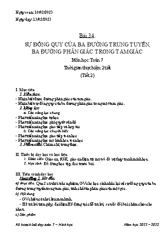 Giáo án Toán 7 (Kết nối tri thức) - Bài 34: Sự đồng quy của ba đường trung tuyển, ba đường phân hóa trong tam giác - Năm học 2023-2024 - Trường THCS Nam Hải