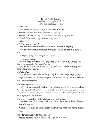 Kế hoạch bài dạy Công nghệ 7 (Kết nối tri thức) - Bài 15: Nuôi cá ao - Trường THCS Hùng Vương