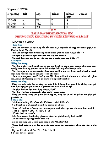 Kế hoạch bài dạy Địa lí 7 (Kết nối tri thức) - Bài 15: Đặc điểm dân cư xã hội phương thức khai thác tự nhiên bền vững ở Bắc Mỹ - Năm học 2023-2024 - Trường THCS Nguyễn Chuyên Mỹ