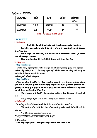 Kế hoạch bài dạy Địa Lí 7 (Kết nối tri thức) - Bài 19: Châu Nam Cực - Năm học 2022-2023 - Trường THCS Nguyễn Chuyên Mỹ