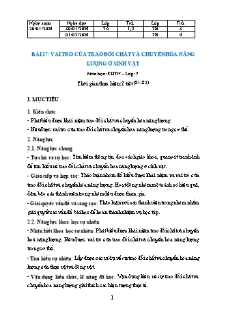 Kế hoạch bài dạy Khoa học tự nhiên 7 (Cánh diều) - Bài 17: Vai trò của trao đổi chất và chuyển hóa năng lượng ở sinh vật - Năm học 2023-2024 - Trường THCS Nguyễn Chuyên Mỹ