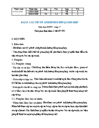Kế hoạch bài dạy Khoa học tự nhiên 7 (Cánh diều) - Bài 19: Các yếu tố ảnh hưởng đến quang hợp - Năm học 2024-2025 - Trường THCS Nguyễn Chuyên Mỹ