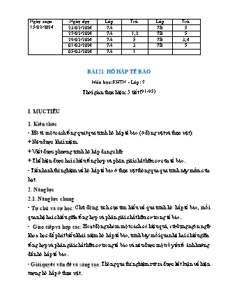 Kế hoạch bài dạy Khoa học tự nhiên 7 (Cánh diều) - Bài 21: Hô hấp tế bào - Năm học 2023-2024 - Trường THCS Nguyễn Chuyên Mỹ