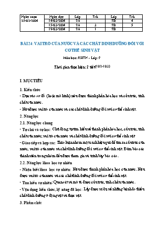 Kế hoạch bài dạy Khoa học tự nhiên 7 (Cánh diều) - Bài 24: Vai trò của nước và các chất dinh dưỡng đối với cơ thể sinh vật - Năm học 2023-2024 - Trường THCS Nguyễn Chuyên Mỹ