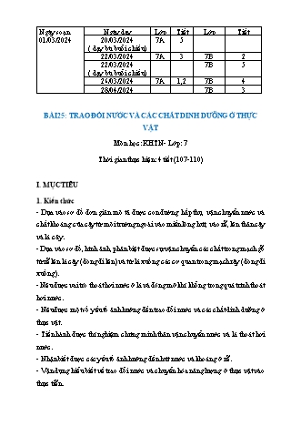 Kế hoạch bài dạy Khoa học tự nhiên 7 (Cánh diều) - Bài 25: Trao đổi nước và các chất dinh dưỡng ở thực vật - Năm học 2024-2025 - Trường THCS Nguyễn Chuyên Mỹ