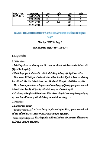 Kế hoạch bài dạy Khoa học tự nhiên 7 (Cánh diều) - Bài 26: Trao đổi đất nước và các chất dinh dưỡng ở động vật - Năm học 2023-2024 - Trường THCS Nguyễn Chuyên Mỹ