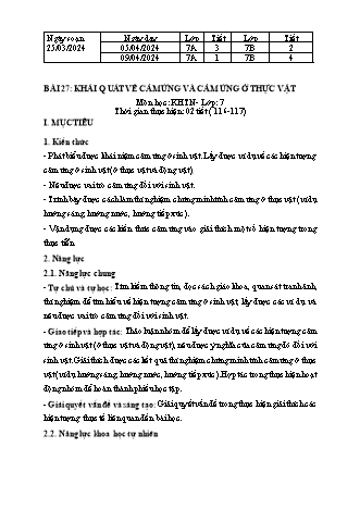 Kế hoạch bài dạy Khoa học tự nhiên 7 (Cánh diều) - Bài 27: Khái quát về cảm ứng và cảm ứng ở thực vật - Năm học 2023-2024 - Trường THCS Nguyễn Chuyên Mỹ