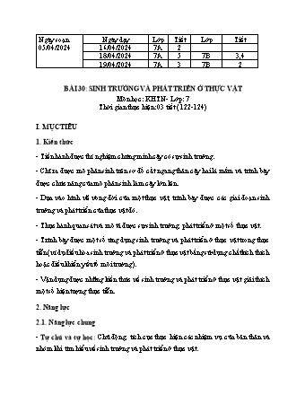 Kế hoạch bài dạy Khoa học tự nhiên 7 (Cánh diều) - Bài 30: Sinh trưởng và phát triển ở thực vật - Năm học 2023-2024 - Trường THCS Nguyễn Chuyên Mỹ