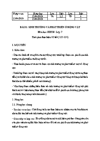 Kế hoạch bài dạy Khoa học tự nhiên 7 (Cánh diều) - Bài 31: Sinh trưởng và phát triển ở động vật - Năm học 2023-2024 - Trường THCS Nguyễn Chuyên Mỹ