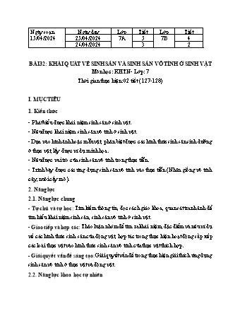 Kế hoạch bài dạy Khoa học tự nhiên 7 (Cánh diều) - Bài 32: Khái quát về sinh sản và sinh sản vô tính ở sinh vật - Năm học 2023-2024 - Trường THCS Nguyễn Chuyên Mỹ