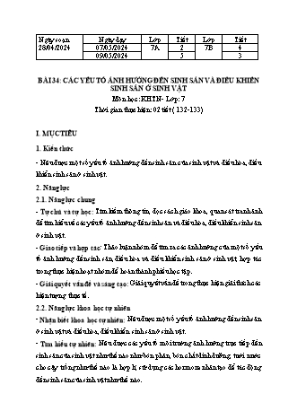 Kế hoạch bài dạy Khoa học tự nhiên 7 (Cánh diều) - Bài 34: Các yếu tố ảnh hưởng đến sinh sản và điều khiển sinh sản ở sinh vật - Năm học 2023-2024 - Trường THCS Nguyễn Chuyên Mỹ