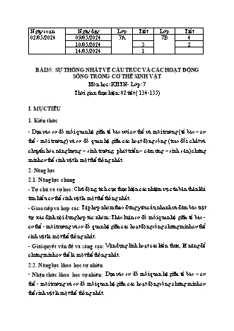Kế hoạch bài dạy Khoa học tự nhiên 7 (Cánh diều) - Bài 35: Sự Thống Nhất về cấu trúc và các hoạt động sống trong cơ thể sinh vật - Năm học 2023-2024 - Trường THCS Nguyễn Chuyên Mỹ