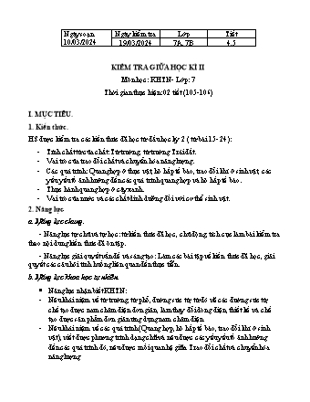 Kế hoạch bài dạy Khoa học tự nhiên 7 (Cánh diều) - Kiểm tra giữa hoc kì 2 - Năm học 2023-2024 - Trường THCS Nguyễn Chuyên Mỹ