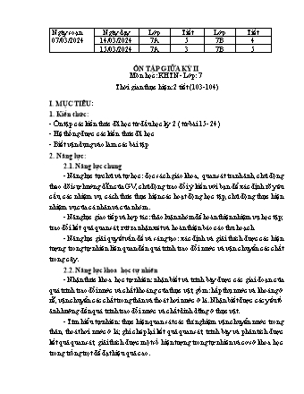 Kế hoạch bài dạy Khoa học tự nhiên 7 (Cánh diều) - Ôn tập giữa học kì 2 - Năm học 2023-2024 - Trường THCS Nguyễn Chuyên Mỹ