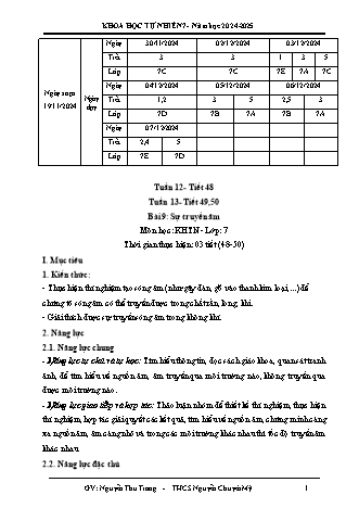 Kế hoạch bài dạy Khoa học tự nhiên 7 (Cánh diều) - Tuần 12+13 - Bài 9: Sự truyền âm - Năm học 2024-2025 - Nguyễn Thu Trang
