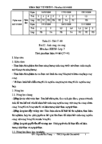 Kế hoạch bài dạy Khoa học tự nhiên 7 (Cánh diều) - Tuần 15 - Bài 12: Ánh sáng, tia nắng - Năm học 2024-2025 - Trường THCS Nguyễn Chuyên Mỹ