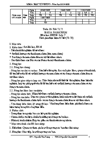 Kế hoạch bài dạy Khoa học tự nhiên 7 (Cánh diều) - Tuần 18 - Bài 14: Nam châm - Năm học 2024-2025 - Nguyễn Thu Trang