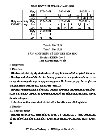 Kế hoạch bài dạy Khoa học tự nhiên 7 (Cánh diều) - Tuần 6+7 - Bài 5: Giới thiệu về liên kết hóa học - Năm học 2024-2025 - Nguyễn Thu Trang
