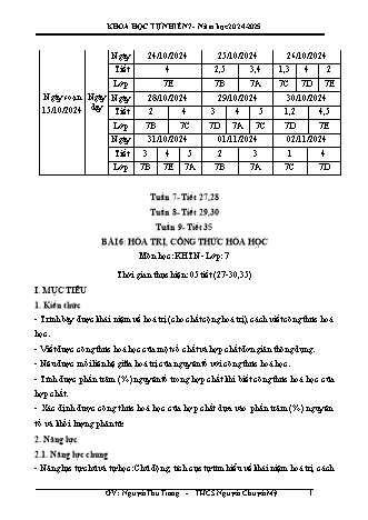 Kế hoạch bài dạy Khoa học tự nhiên 7 (Cánh diều) - Tuần 7-9 - Bài 6: Hóa trị, công thức hóa học - Năm học 2024-2025 - Nguyễn Thu Trang