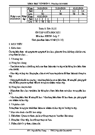 Kế hoạch bài dạy Khoa học tự nhiên 7 (Cánh diều) - Tuần 8 - Bài: Ôn tập giữa học kì 1 - Năm học 2024-2025 - Nguyễn Thu Trang